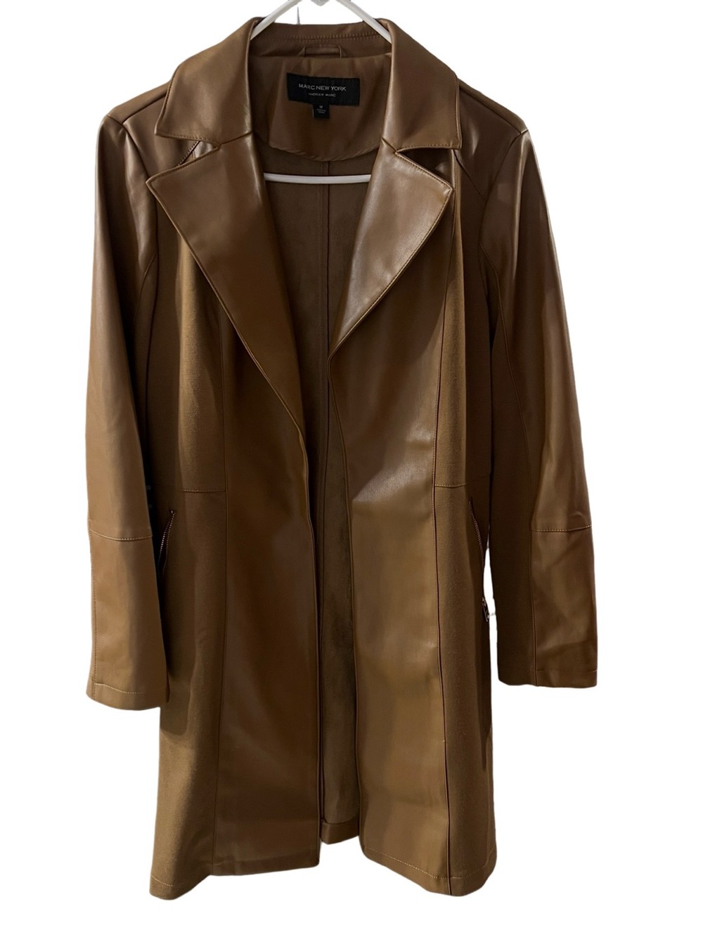 Marc New York Faux Leather Open-Front Trench in Cognac Brown